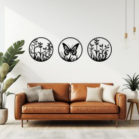   3-dielna drevená dekorácia – Motýľ a lúčne rastliny v kruhu