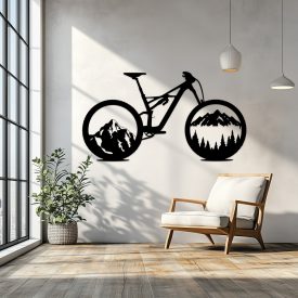   Drevený obraz bicykla s horským motívom – športová dekorácia na stenu