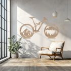 Drevený obraz bicykla s horským motívom – športová dekorácia na stenu