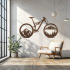 Drevený obraz bicykla s horským motívom – športová dekorácia na stenu