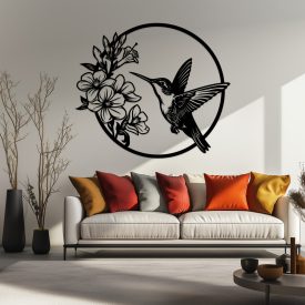 Drevený obraz – Kolibrík a kvety v kruhu