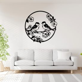 Drevený obraz – Dva vtáky na vetve s kvetmi v kruhu