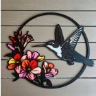 Drevený obraz – Kolibrík a kvety v kruhu (ručne maľovaný)