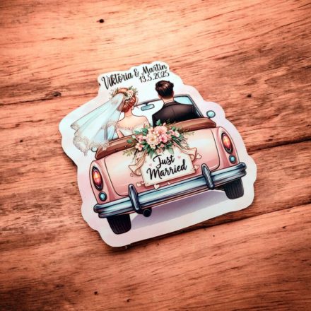 Svadobná magnetka s autom a menami novomanželov – Just Married