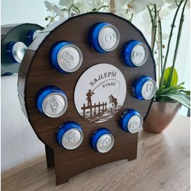 Drevený držiak na plechovky v tvare sudu