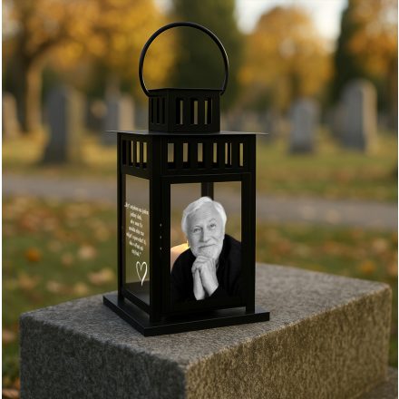 Pamätný čierny lampáš na sviečku – s UV potlačeným skleneným panelom
