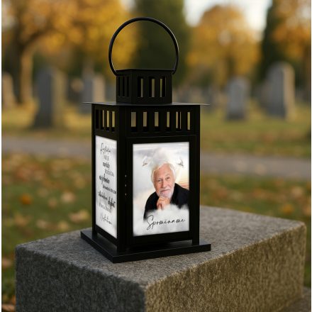 Pamätný čierny lampáš na sviečku – s UV potlačeným skleneným panelom